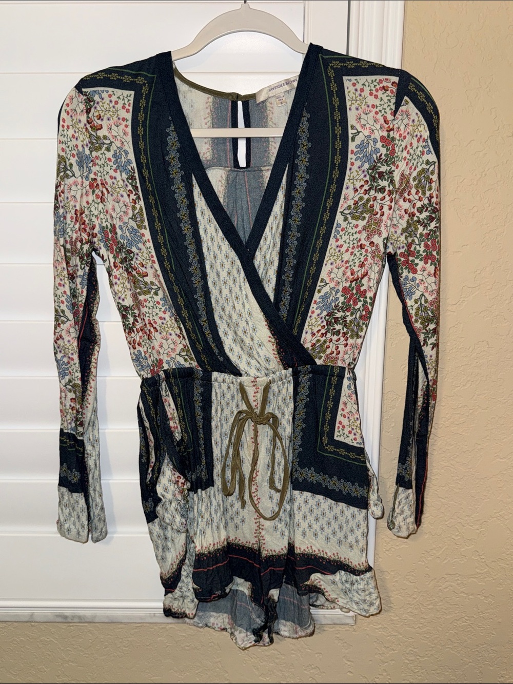 Lavender Brown Navy, Cream & Olive Floral Wrap Romper